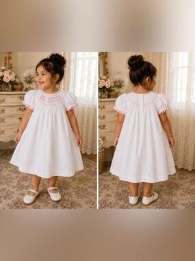 18M -Southern Sunshine “BIG SISTER” Smocked Little Girl Dress & Pink Trim VTG90s